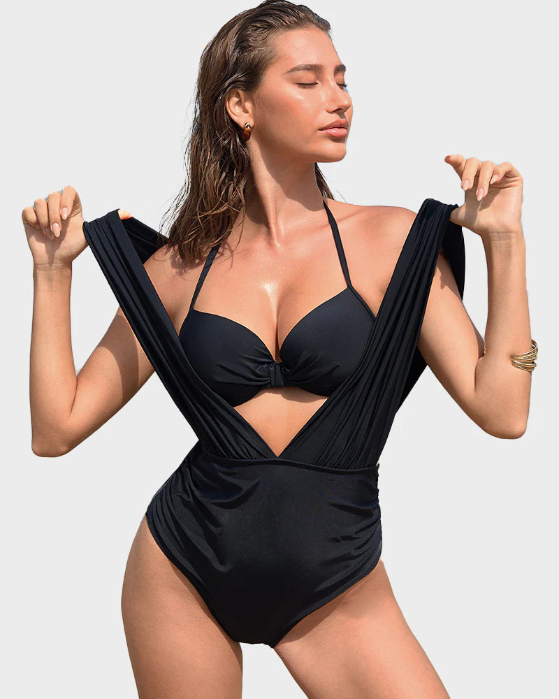 Deep Plunge Halter Two-Piece Swimsuit with Bra Overlay