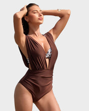 Deep Plunge Halter Two-Piece Swimsuit with Bra Overlay