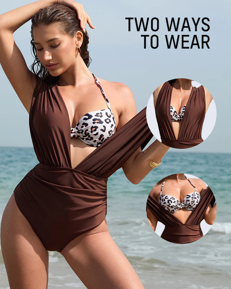 Deep Plunge Halter Two-Piece Swimsuit with Bra Overlay