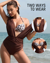 Deep Plunge Halter Two-Piece Swimsuit with Bra Overlay