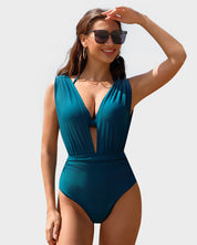 Deep Plunge Halter Two-Piece Swimsuit with Bra Overlay