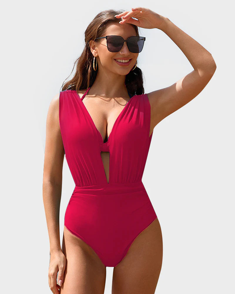 Deep Plunge Halter Two-Piece Swimsuit with Bra Overlay