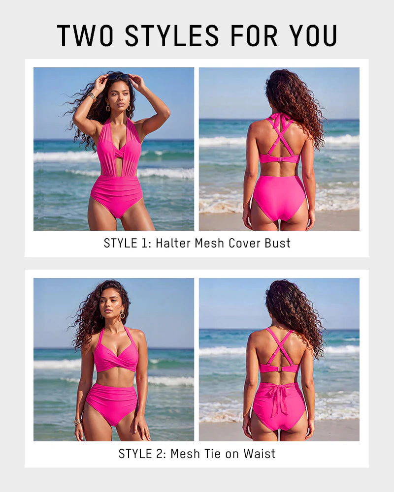 Two-Way Mesh High-Waisted Tummy Control Bikini Set