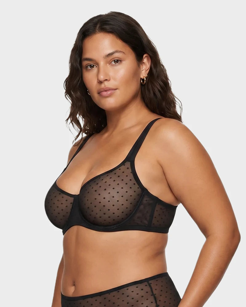 Sheer Dotted Mesh Unlined Balconette Bra