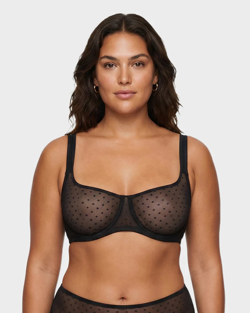 Sheer Dotted Mesh Unlined Balconette Bra