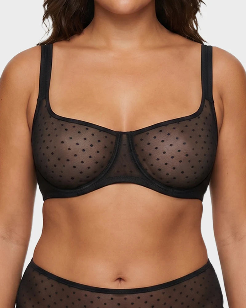 Sheer Dotted Mesh Unlined Balconette Bra