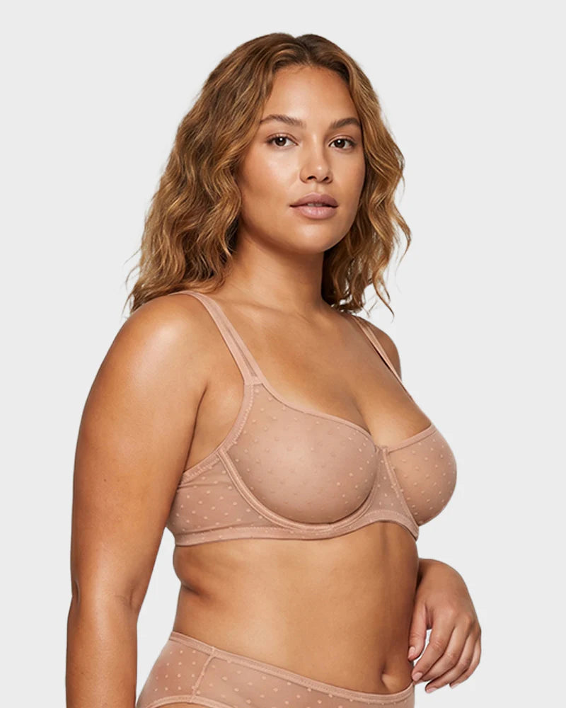 Sheer Dotted Mesh Unlined Balconette Bra