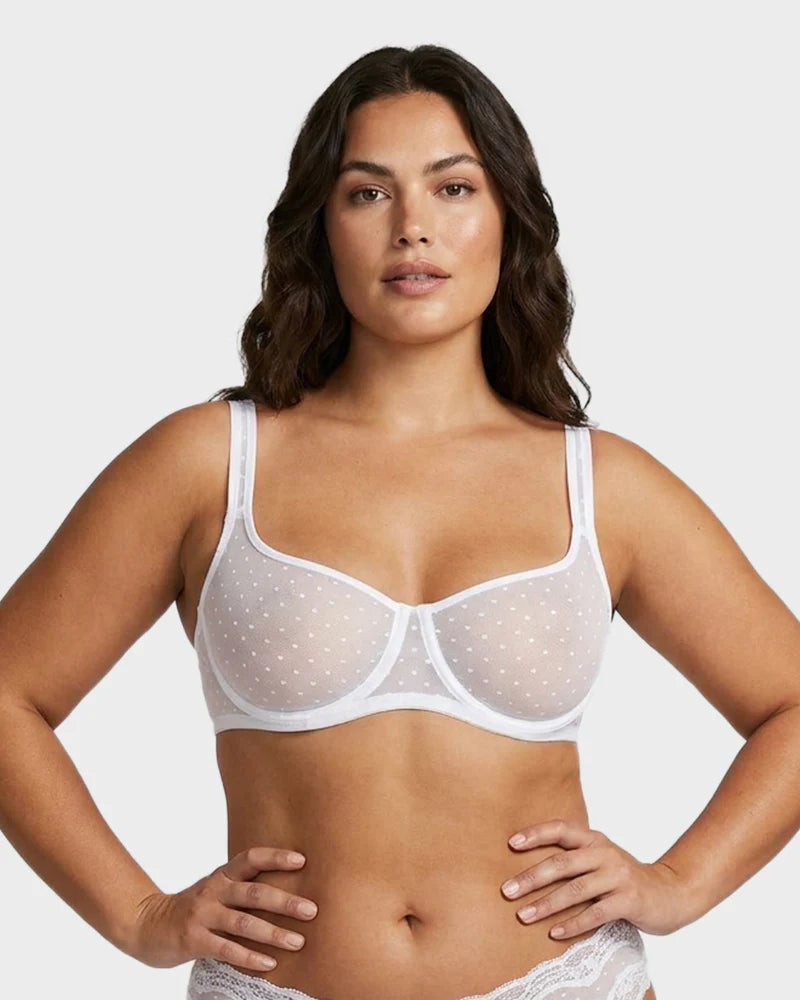 Sheer Dotted Mesh Unlined Balconette Bra