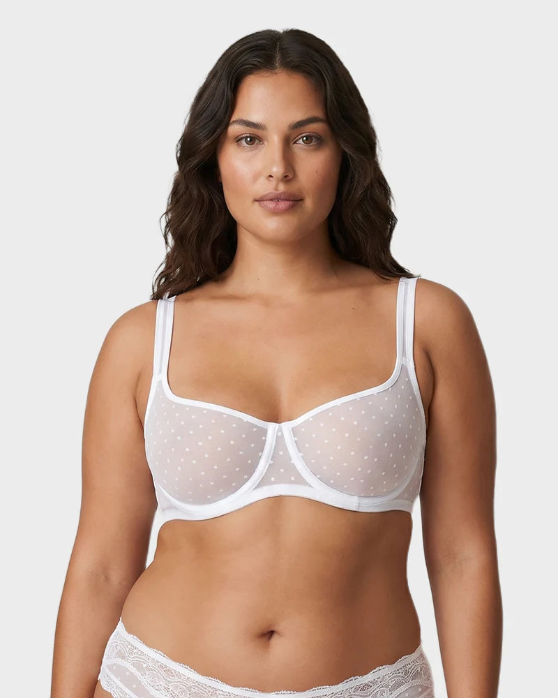 Sheer Dotted Mesh Unlined Balconette Bra
