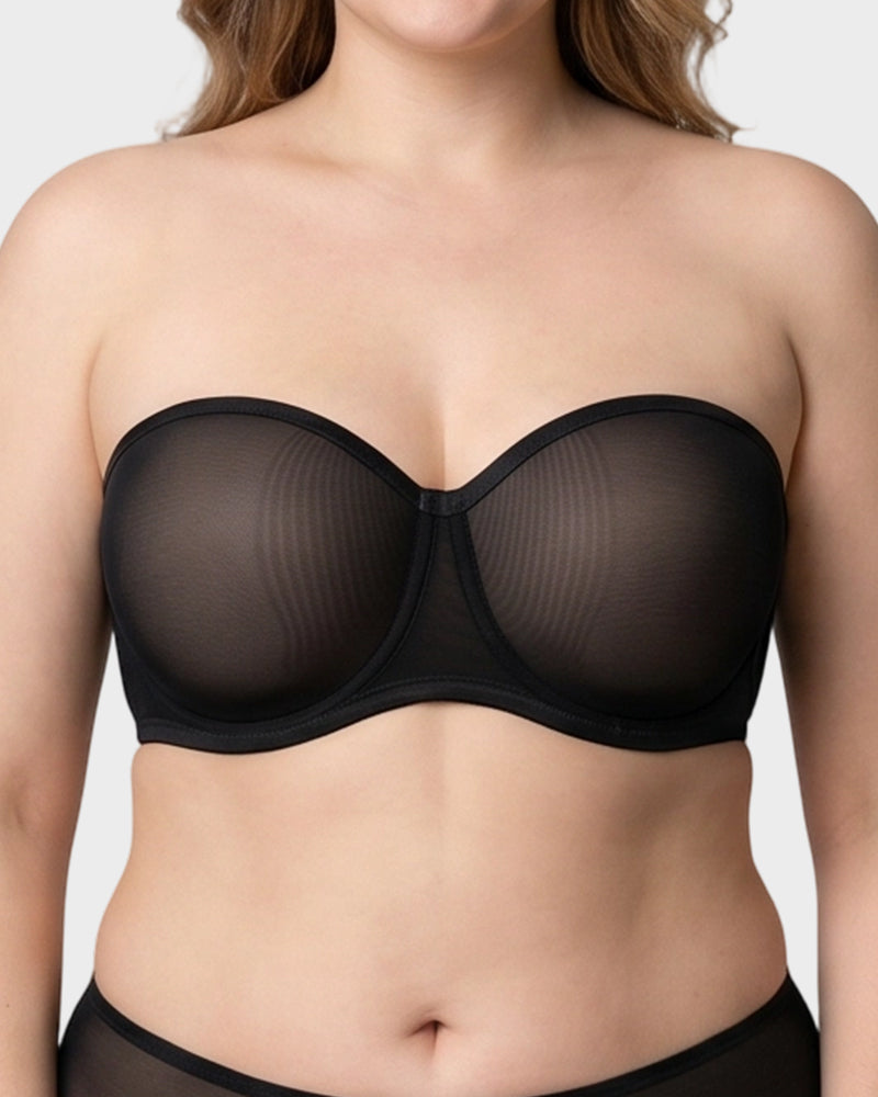 Sheer Mesh Strapless Underwire Balconette Bra